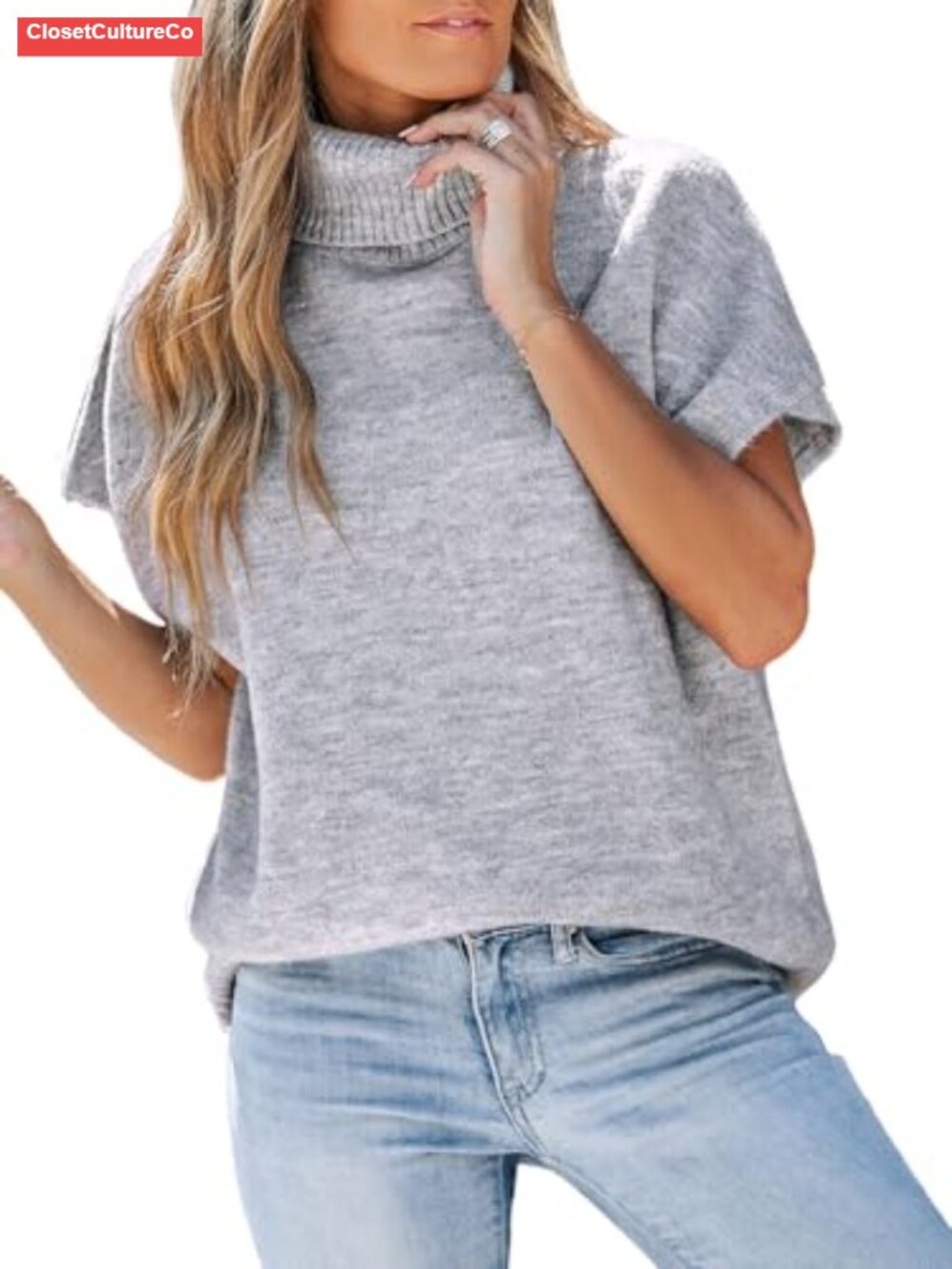 Cupshe Womens Turtleneck Cap Sleeve Oversized Knit Sweater Pullover Viscose